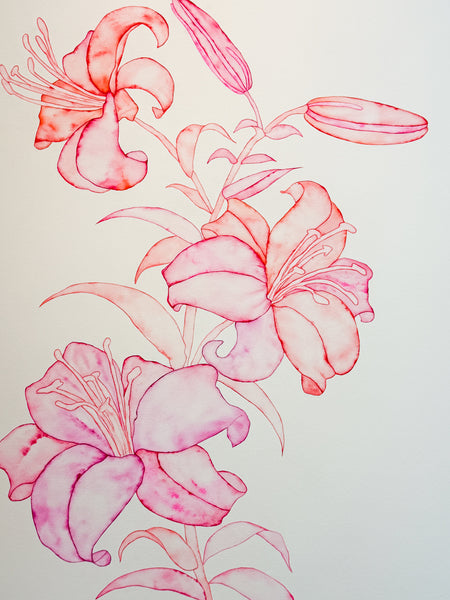 Helena Calmfors "Large Lillies" Watercolor Painting (Mounted on Wood Panel)