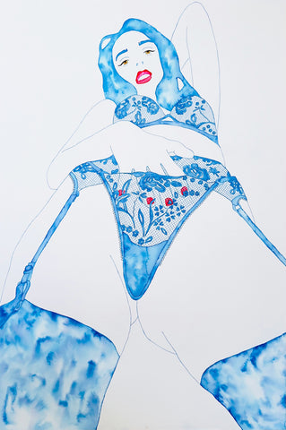 Helena Calmfors "The Kiss" Watercolor Painting (Framed)