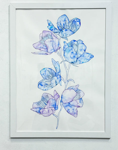 Helena Calmfors "Blue Flowers" Watercolor Painting (Framed)
