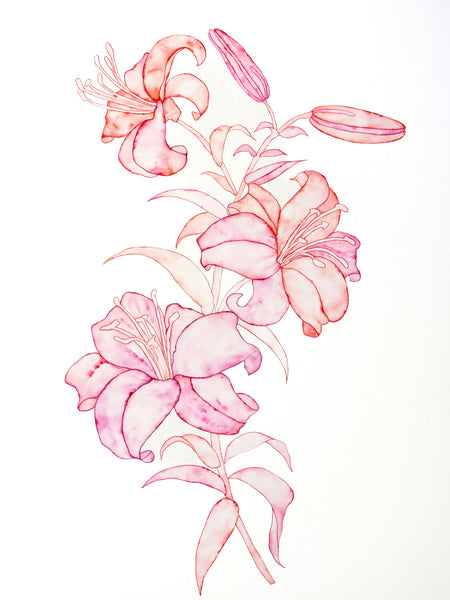 Helena Calmfors "Large Lillies" Watercolor Painting (Mounted on Wood Panel)