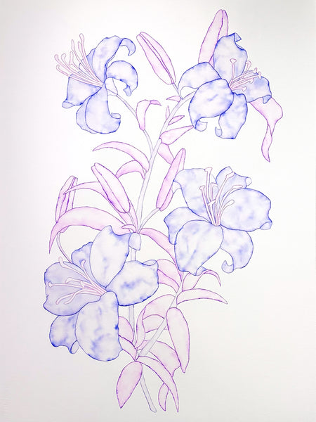 Helena Calmfors "Large Lillies Purple" Watercolor Painting (Mounted on Wood Panel)